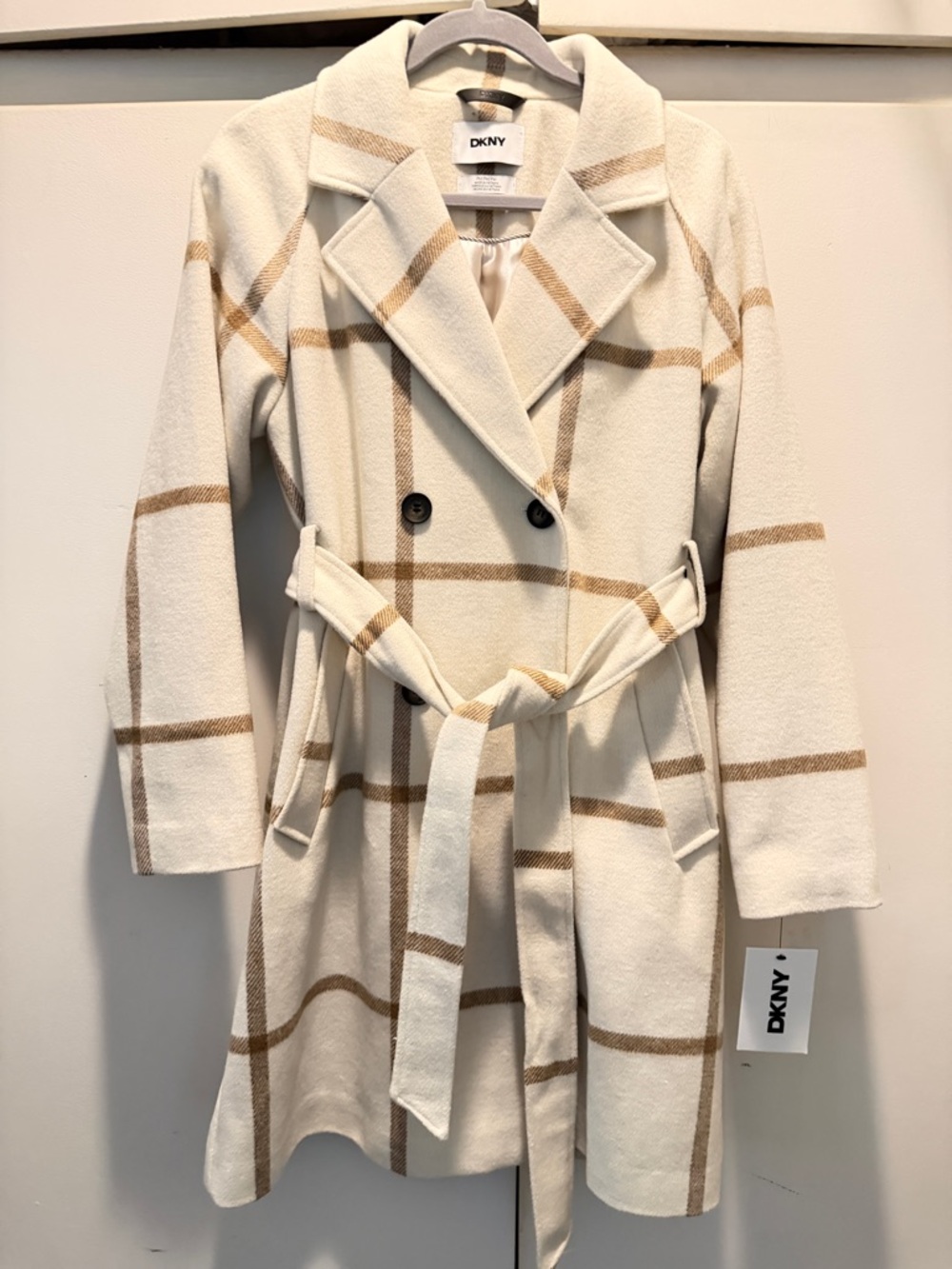 DKNY Cream and Tan Windowpane Belted Wool-Blend Coat
